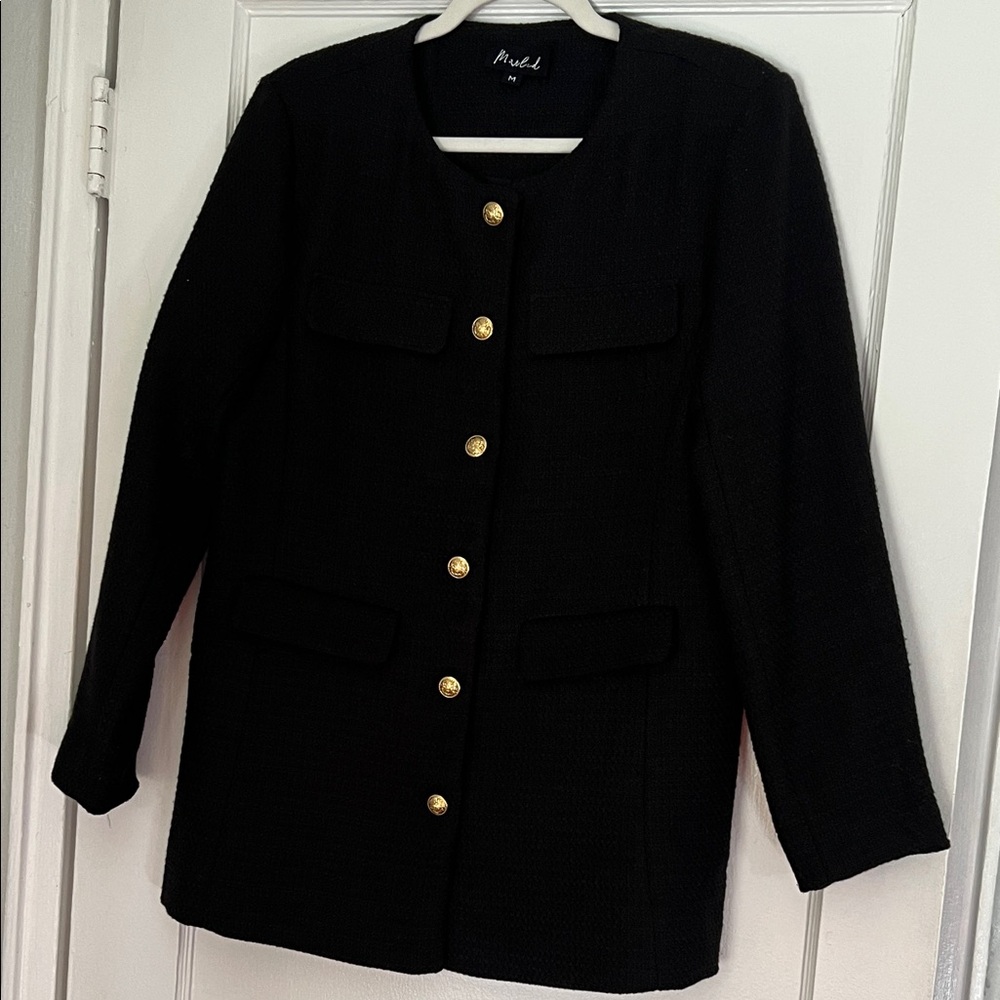 Marled Black Collarless Jacket with Gold Buttons